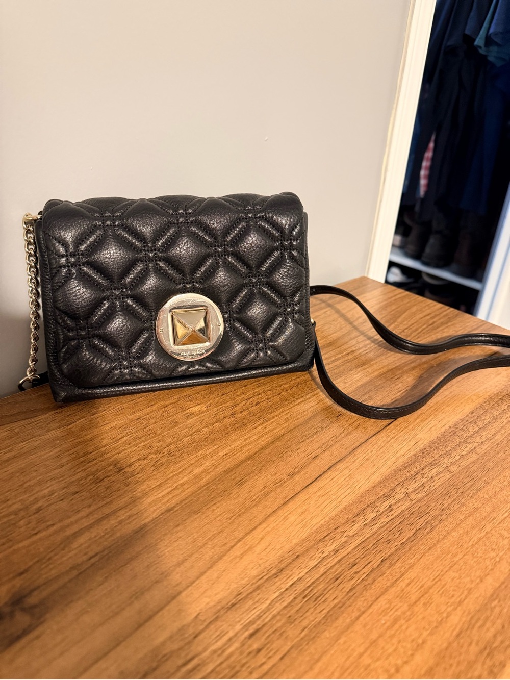 Quilted Black Kate Spade Crossbody Shoulder Bag with Gold Accent